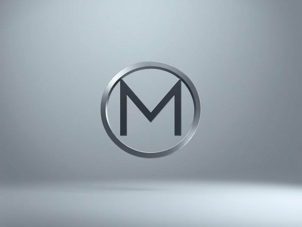 Abstract minimalist geometric symbol resembling a 'M' formed by clean motion arcs and a circle, metallic matte finish, soft studio lighting, isolated on a subtle gradient background, 8k.